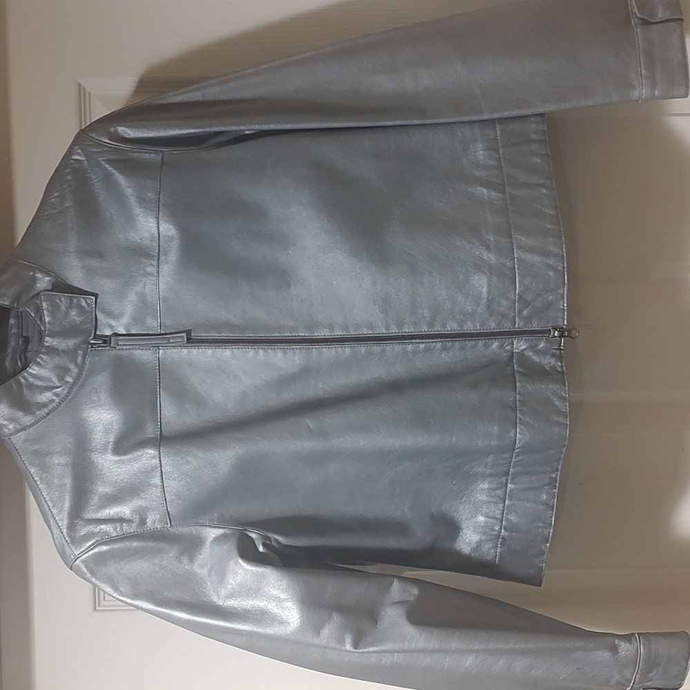 Womens NINE  WEST Metallic Silver Leather Zip-Front Jacket